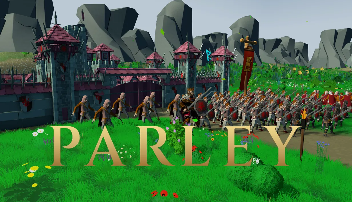 Parley: a hero leads an army past a walled castle